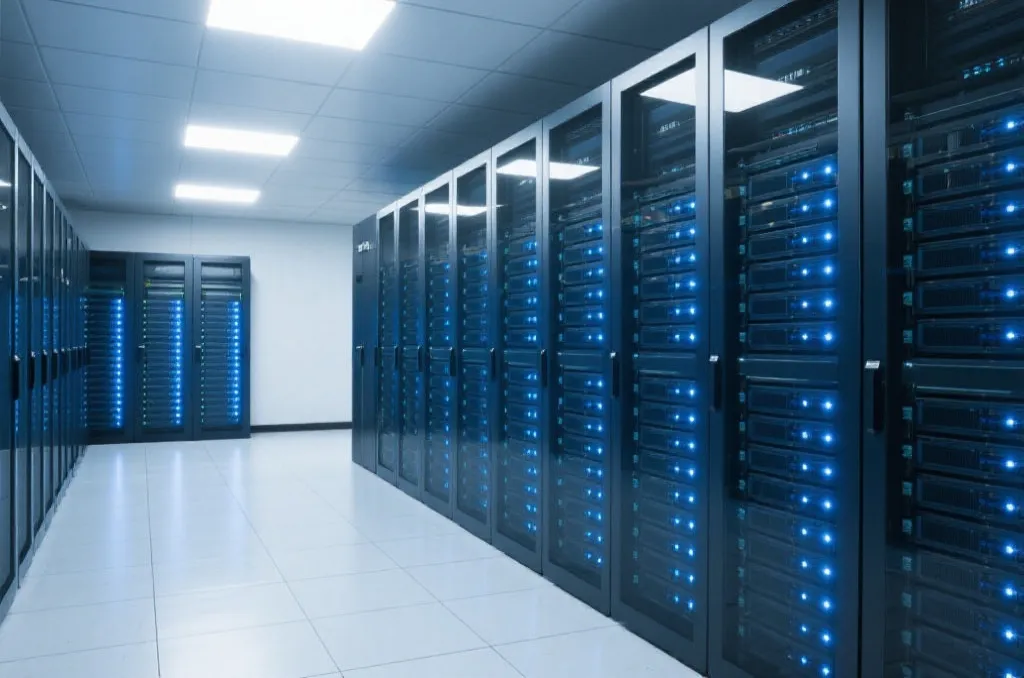 Secure corporate cloud server infrastructure with glowing blue LED lights